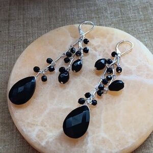 Silver Tone Black Beaded Dangle Earrings